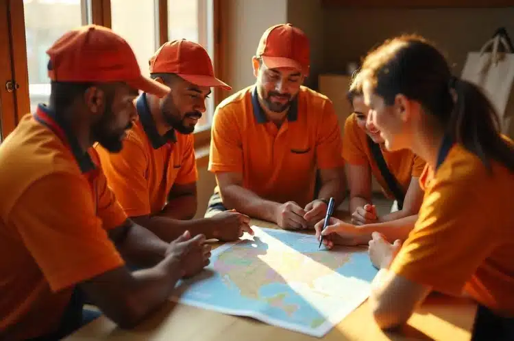 A group of delivery drivers gathered around a table