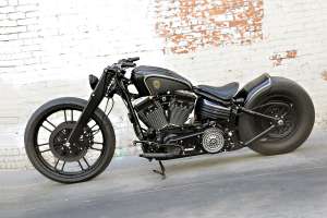 Dark Cannon: a custom Harley Softail Rocker C by Rough Crafts.