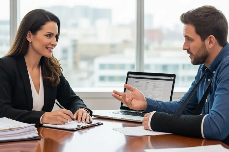 High-quality image of a personal injury attorney consulting with an accident victim at a polished office table.