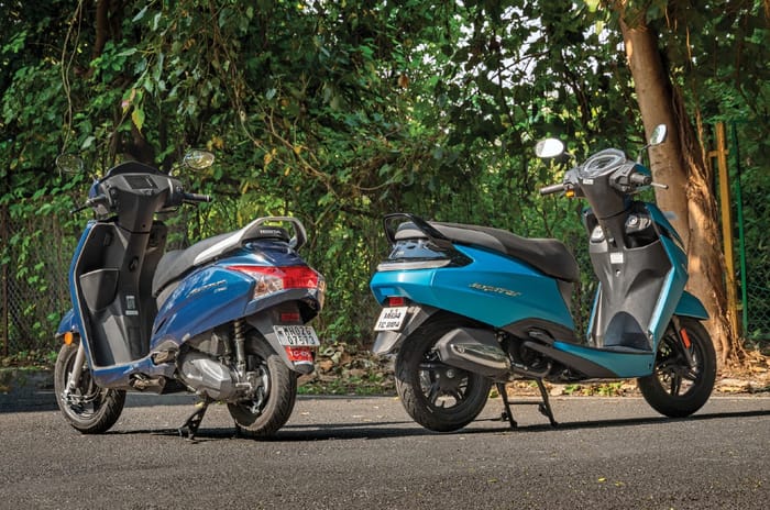 Honda Activa and TVS Jupiter rear three quarter static image when parked on road